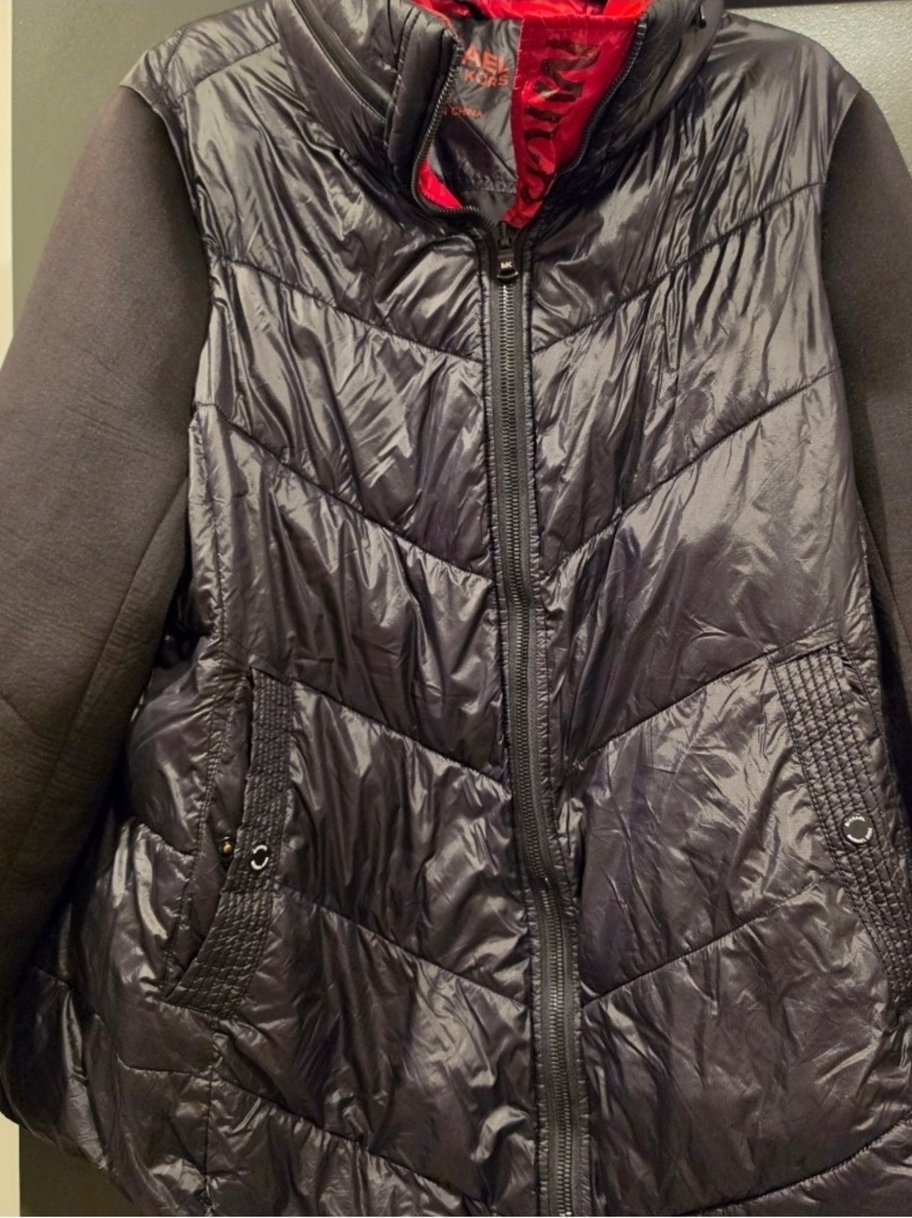 Michael Kors Black Quilted Puffer Jacket with Red Lining